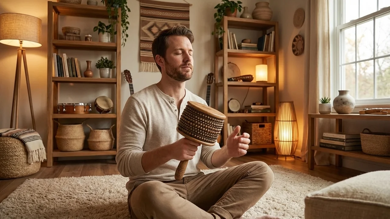 Tradycyjna Cabasa z Tykwy — Duża z Naturalnymi Koralikami Muszlowymi - 5