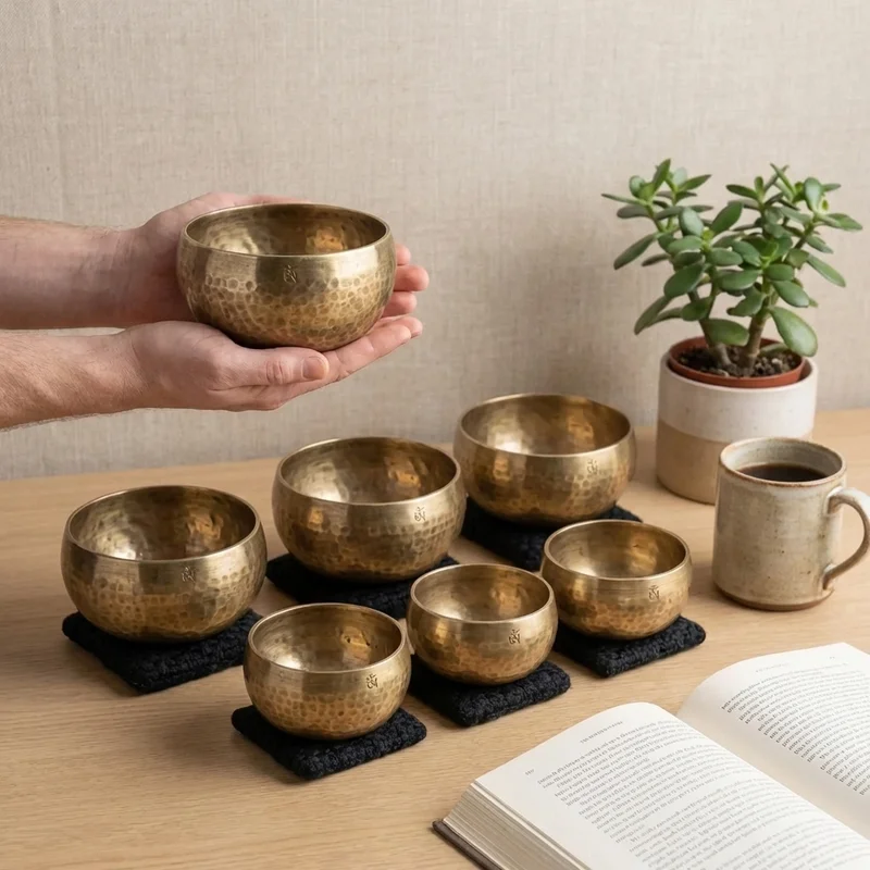Hand-Hammered Tibetan Chakra Bowl Set — 7 Piece Brass Alloy - 4