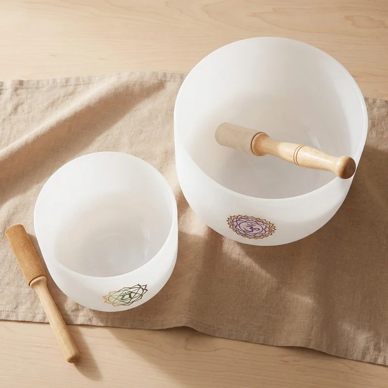 Dwie Kryształowe Misy Dźwiękowe — Zestaw Prezentowy Czakra Serca i Korony z Pałkami - 2