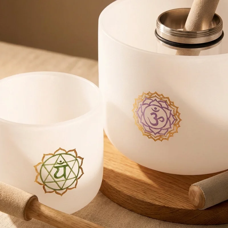 Dwie Kryształowe Misy Dźwiękowe — Zestaw Prezentowy Czakra Serca i Korony z Pałkami - 3