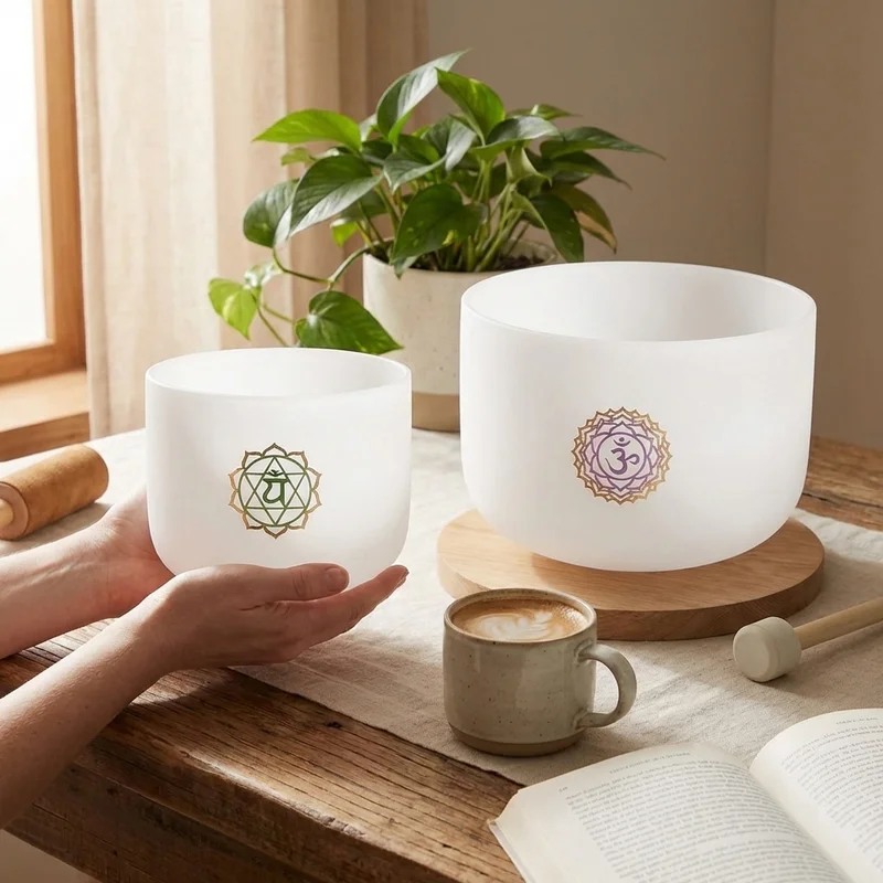 Dwie Kryształowe Misy Dźwiękowe — Zestaw Prezentowy Czakra Serca i Korony z Pałkami - 4