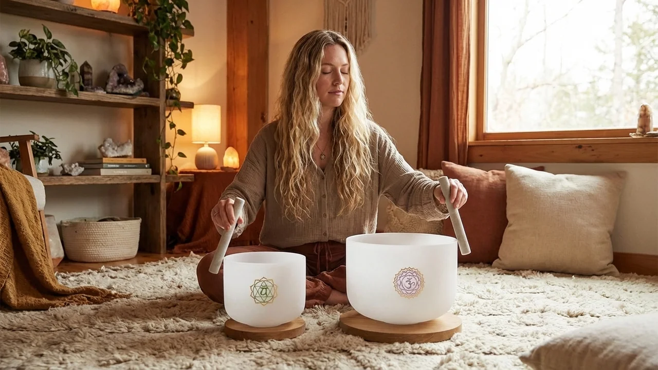 Crystal Singing Bowl Duo — Heart & Crown Chakra Gift Set with Mallets - 5