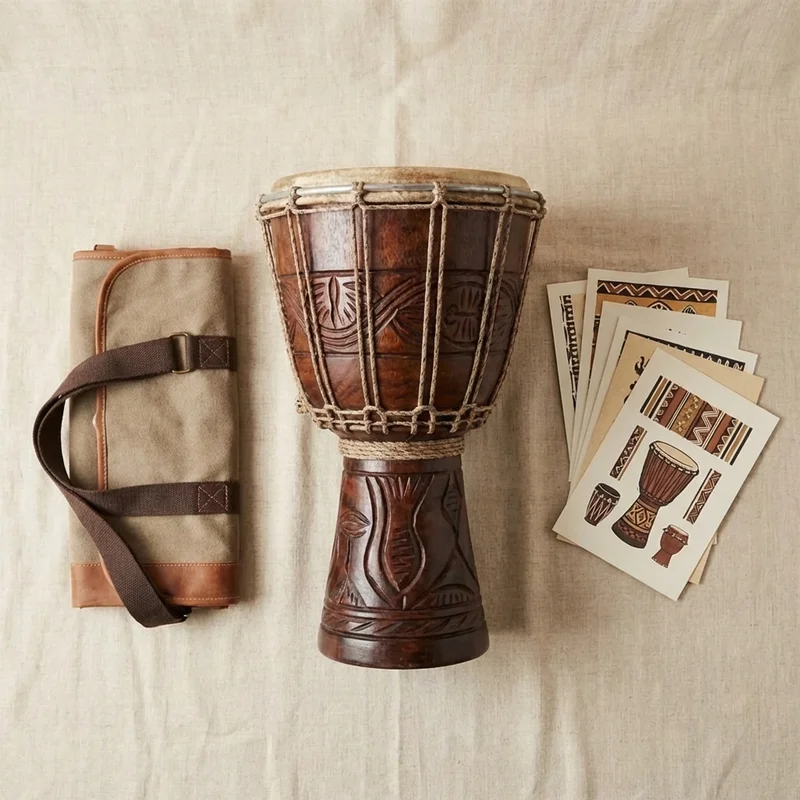 Hand-Carved Djembe Gift Bundle — 12-Inch Drum with Gig Bag & Rhythm Cards - 2