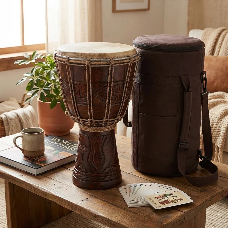 Hand-Carved Djembe Gift Bundle — 12-Inch Drum with Gig Bag & Rhythm Cards - 4