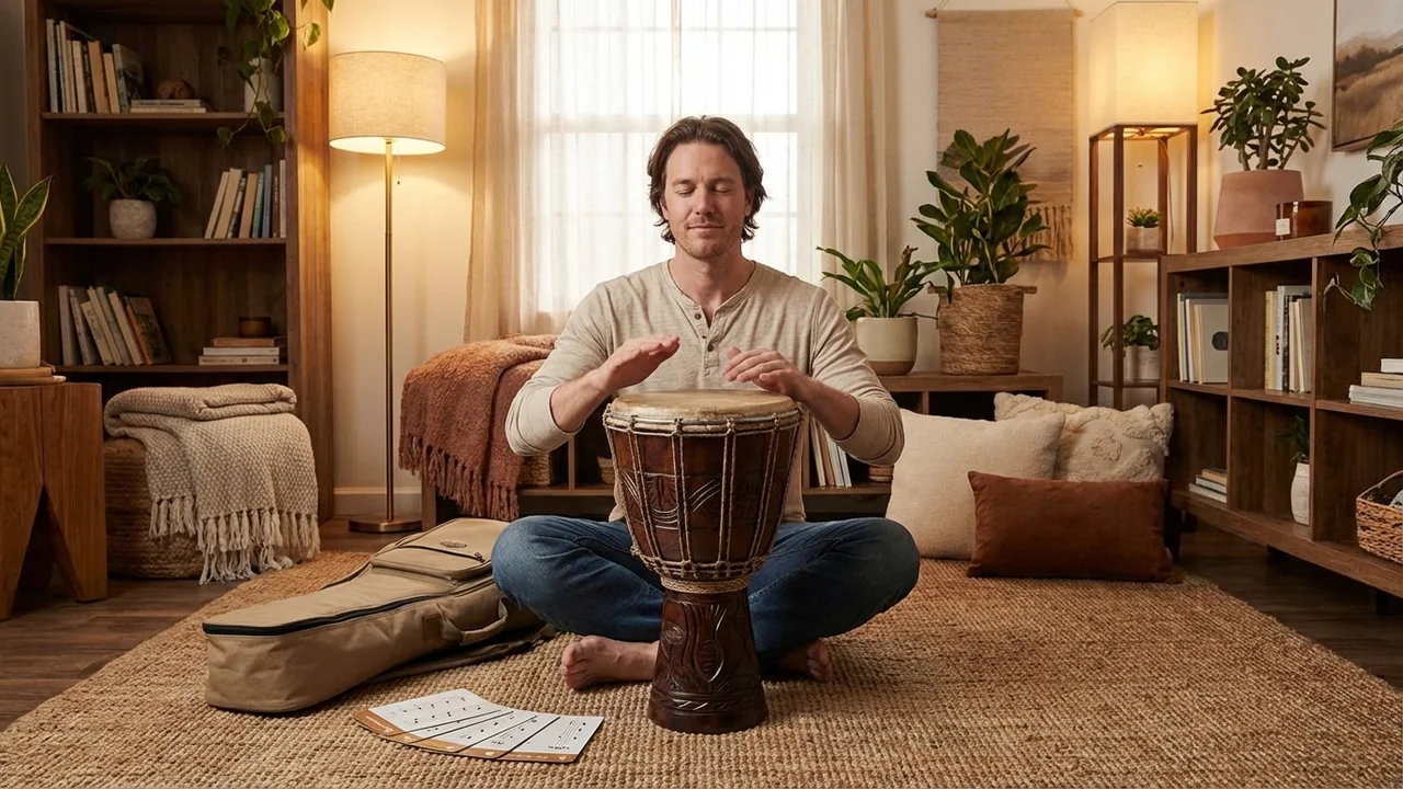 Hand-Carved Djembe Gift Bundle — 12-Inch Drum with Gig Bag & Rhythm Cards - 5