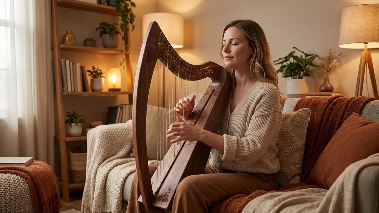 Harfa Kolanowa z Czarnego Orzecha — 22 Struny Diatoniczna Pełna Skala - 5