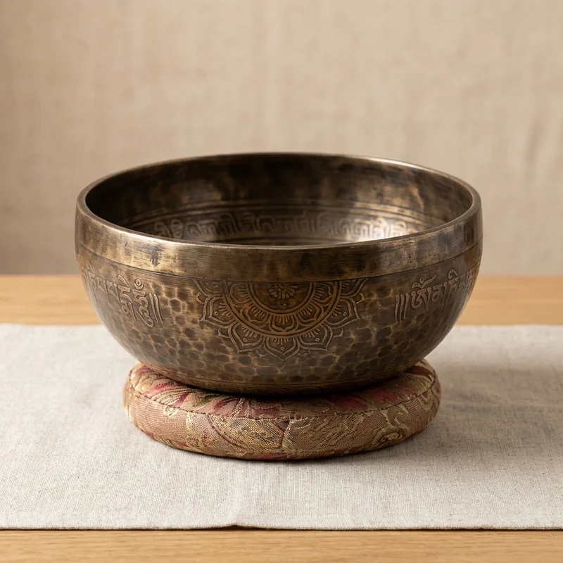 Tybetańska Misa Dźwiękowa Antyczne Wykończenie — Nuta C# Ręcznie Grawerowana Mandala - 1