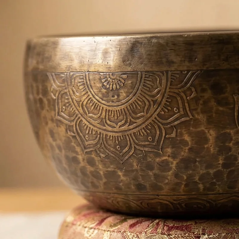 Tybetańska Misa Dźwiękowa Antyczne Wykończenie — Nuta C# Ręcznie Grawerowana Mandala - 3