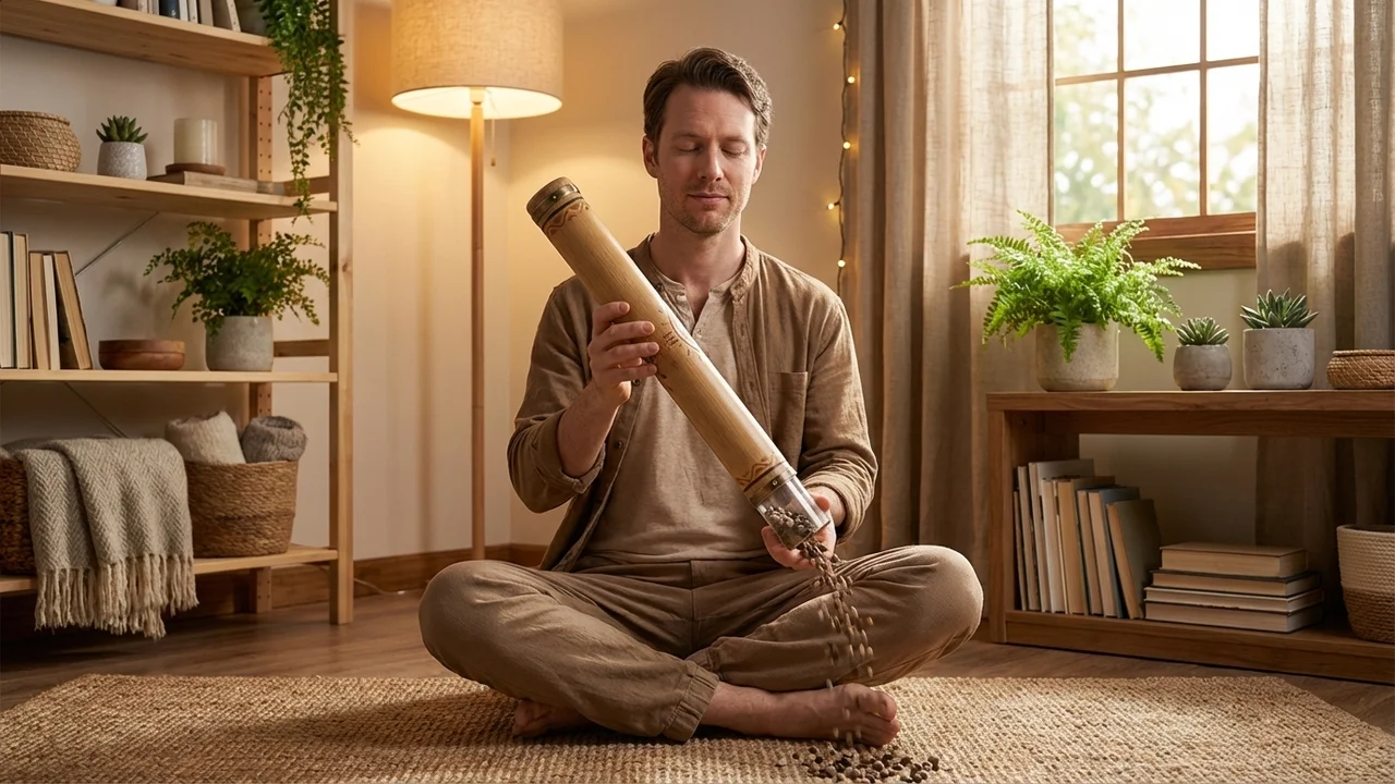 Bamboo Rainstick Shaker — Pebble Fill Soothing Cascade - 5