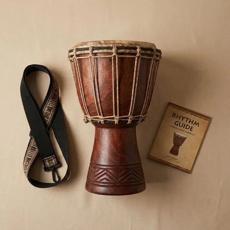 Mahogany Djembe Starter Kit — 10-Inch with Strap & Rhythm Guide - 2