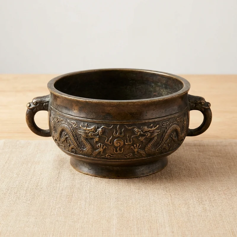 Antyczna Brązowa Misa Taoistyczna — Nuta G Motyw Smoka - 1