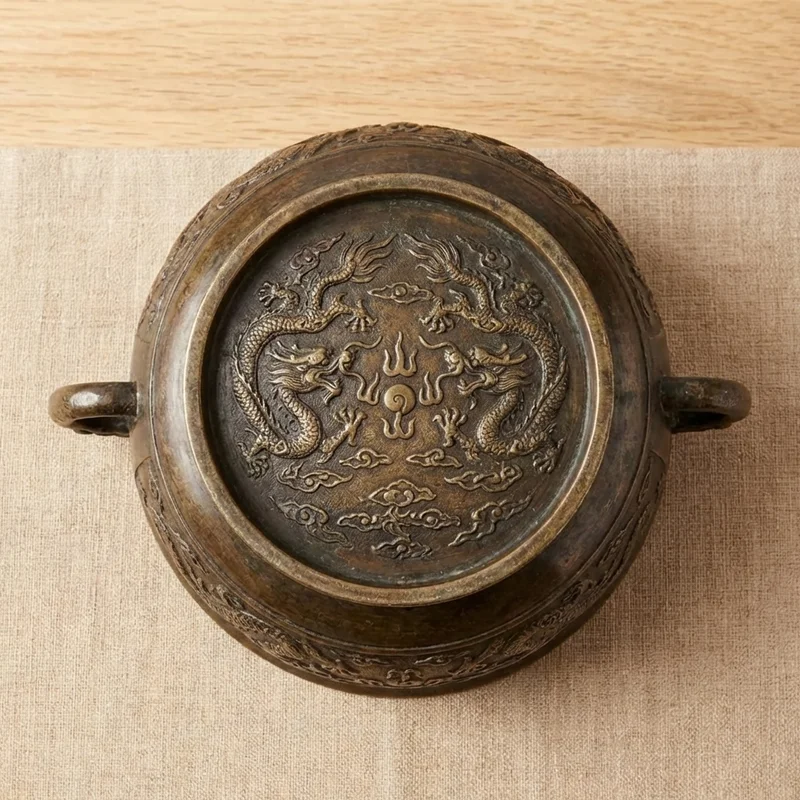 Antyczna Brązowa Misa Taoistyczna — Nuta G Motyw Smoka - 2