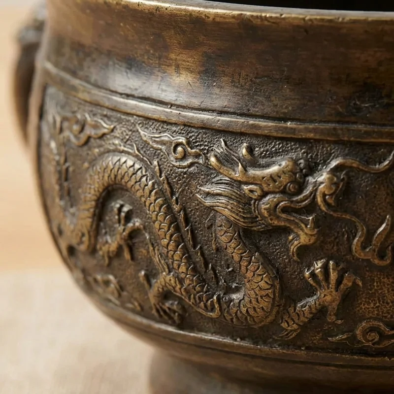 Antyczna Brązowa Misa Taoistyczna — Nuta G Motyw Smoka - 3