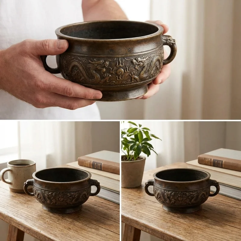 Antyczna Brązowa Misa Taoistyczna — Nuta G Motyw Smoka - 4