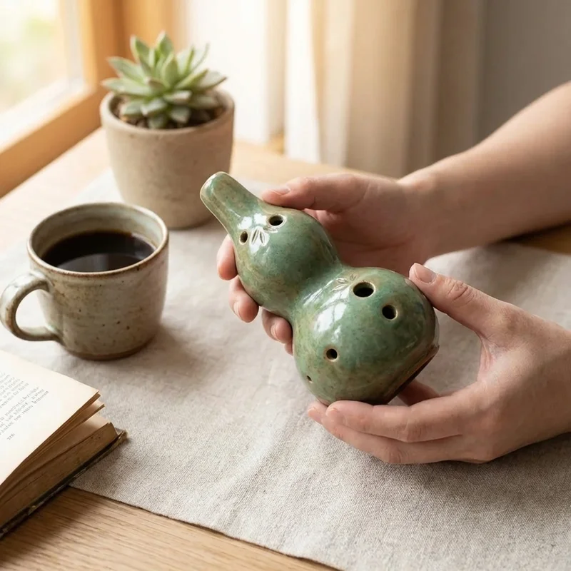 Jade-Glazed Double Chamber Vessel Flute — Dual Tone Harmony Flute - 4