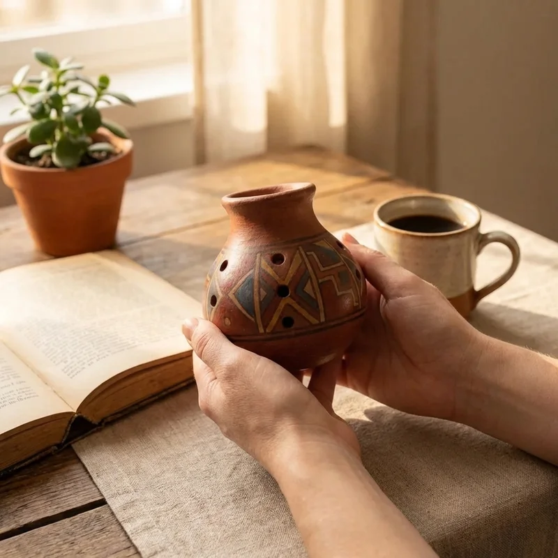 Terracotta Vessel Flute — Alto C Handpainted Peruvian Design - 4