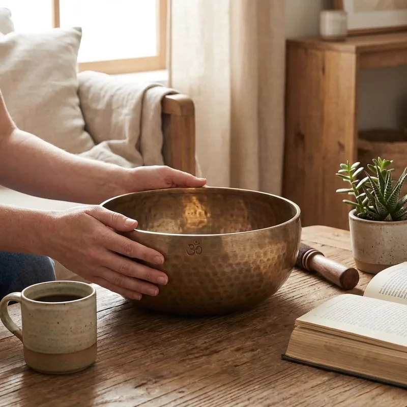 Misa tybetańska z kutego brązu — zestaw Om 20 cm - 4
